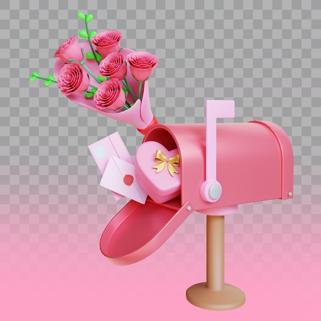 PSD 3d-rendering valentinstagsbriefkasten mit blumenstrauß und liebesbrief