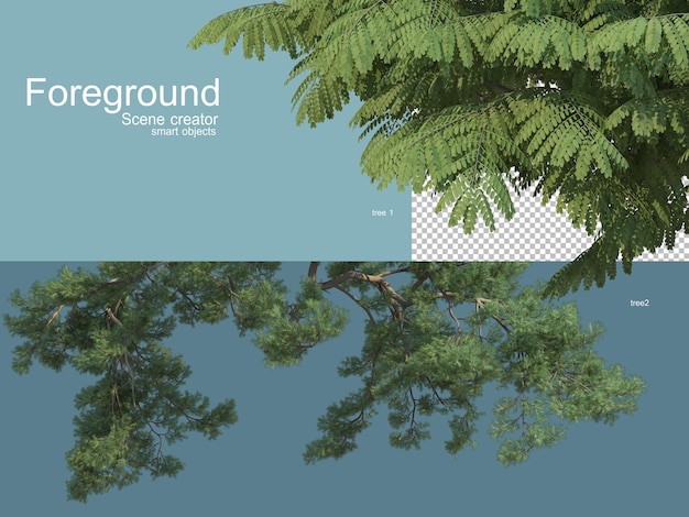 3D-Rendering verschiedener Bäume im Vordergrund