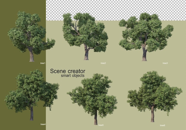 3d-rendering verschiedener bäume isoliert