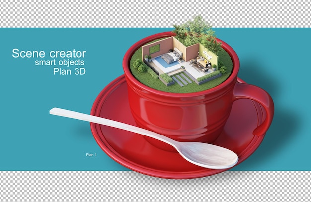 3D-Rendering von Architekturplänen in Kaffeetassen