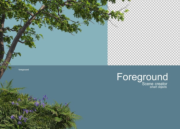 3D-Rendering von Bäumen Vordergrund isoliert