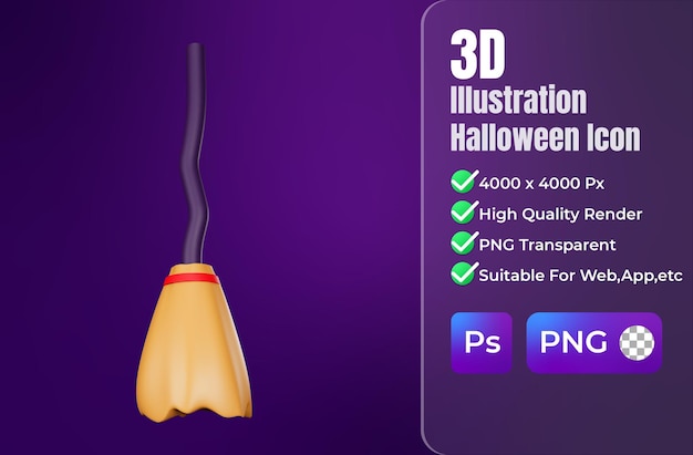 PSD 3d-rendering von besen-hexe-halloween-symbol