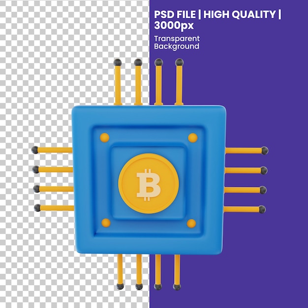 PSD 3d-rendering von bitcoin-prozessor-icon-objekt