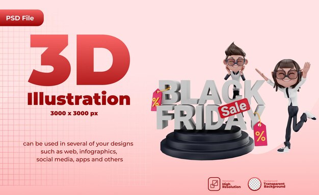 3d-rendering von black friday illustration mit charakteren