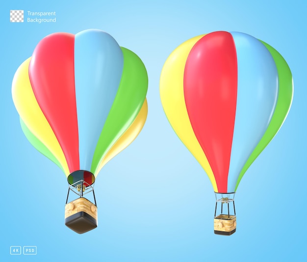 PSD 3d-rendering von bunten heißluftballons aus verschiedenen blickwinkeln