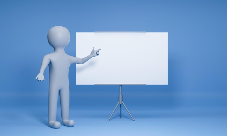 PSD 3d-rendering von clay character als moderator, der auf ein leeres whiteboard vor blauem hintergrund zeigt