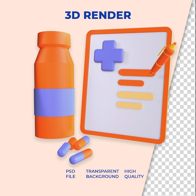 3d-rendering von drogenflasche mit checklistenbuch drogen isoliert