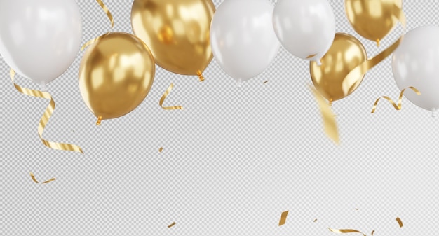 3D-Rendering von Goldenen Ballons und Konfetti mit Feierbanner