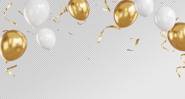 3D-Rendering von Goldenen Ballons und Konfetti mit Feierbanner