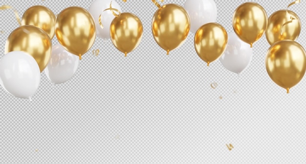 3D-Rendering von Goldenen Ballons und Konfetti mit Feierbanner