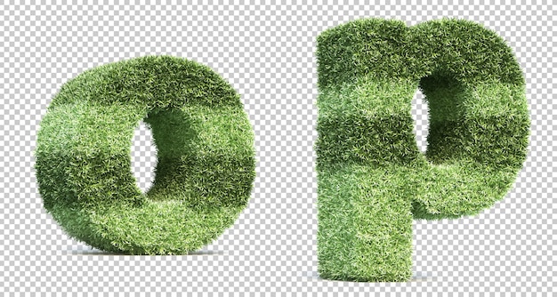 3D-Rendering von Grasspielfeldalphabet o und Alphabet p