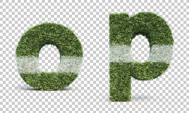 3D-Rendering von Grasspielfeldalphabet o und Alphabet p