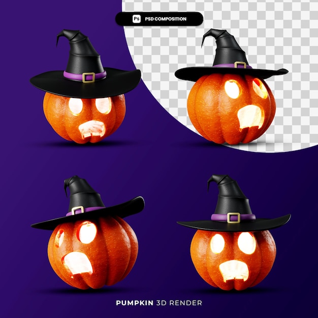 3d-rendering von jacks kürbislaterne im hexenhut-halloween-konzept mit unterschiedlichem winkel isoliert