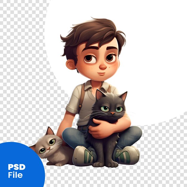 3d-rendering von kleiner junge mit katze auf weißem hintergrund ohne schatten-psd-vorlage