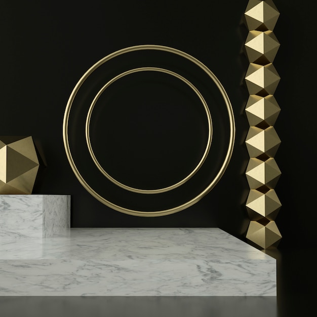 3D-Rendering von Marmorsockeln und goldenen Ornamenten