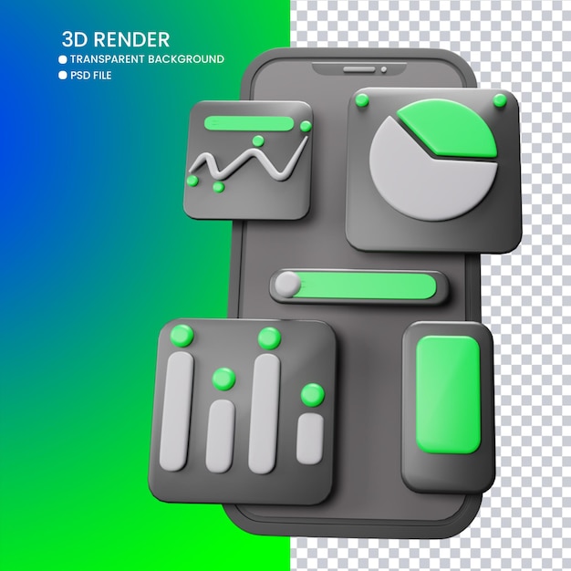 3D-Rendering von niedlichem Handy und Diagramm