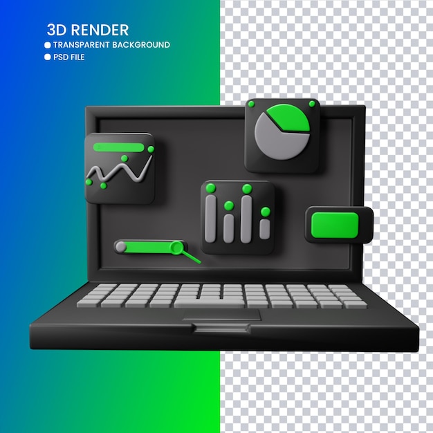 PSD 3d-rendering von niedlichem laptop und diagramm