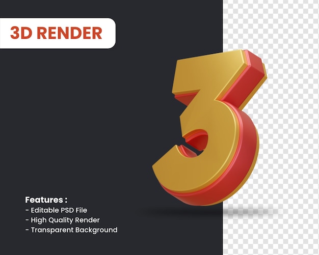 3d-rendering von nummer 3 mit glänzendem effekt isoliert