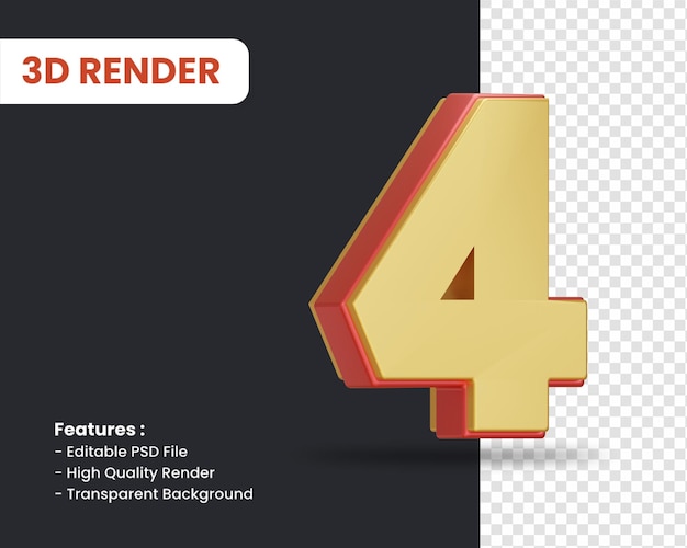 3D-Rendering von Nummer 4 mit glänzendem Effekt isoliert