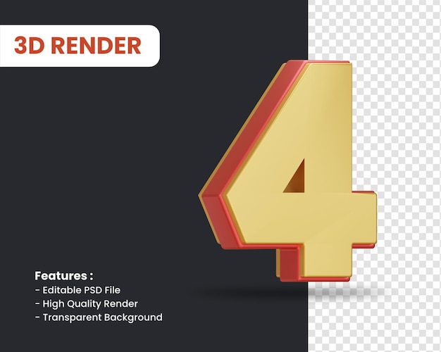 3d-rendering von nummer 4 mit glänzendem effekt isoliert