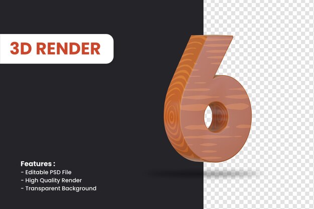 3D-Rendering von Nummer 6 mit Holzstruktureffekt isoliert