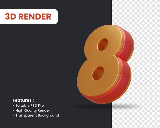 3D-Rendering von Nummer 8 mit glänzendem Effekt isoliert