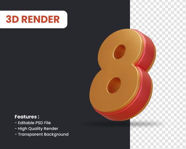3d-rendering von nummer 8 mit glänzendem effekt isoliert
