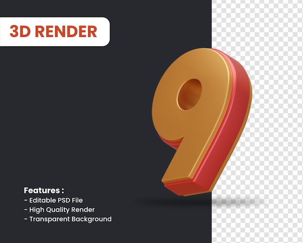 3D-Rendering von Nummer 9 mit glänzendem Effekt isoliert