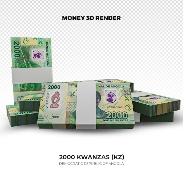 3d-rendering von stapeln angolanischer geld 2000 kwanzas banknoten