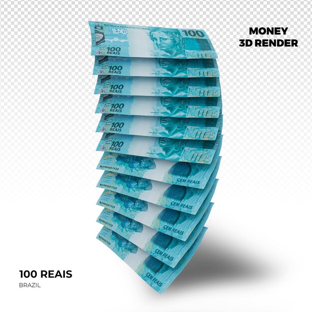 3d-rendering von stapeln brasilianischer 100 reais-banknoten