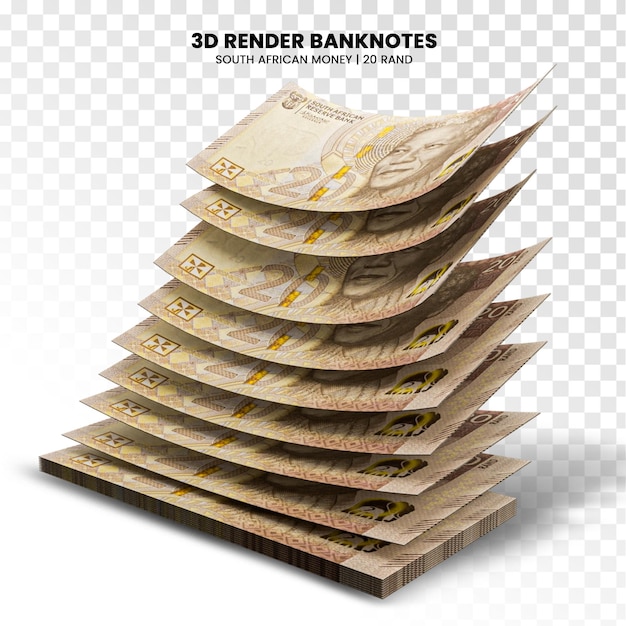 3D-Rendering von Stapeln südafrikanischer 20 RAND-Banknoten