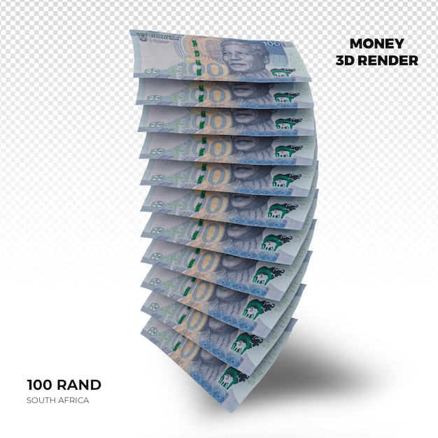 3d-rendering von stapeln von südafrikanischen 100-rand-banknoten