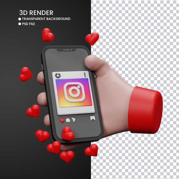 3D-Rendering von süßer Hand und Handy mit Instagram-Like