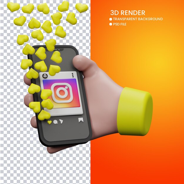 3D-Rendering von süßer Hand und Handy mit Instagram-Like