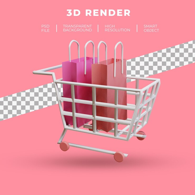 PSD 3d-rendering von trolley und einkaufstasche isoliert