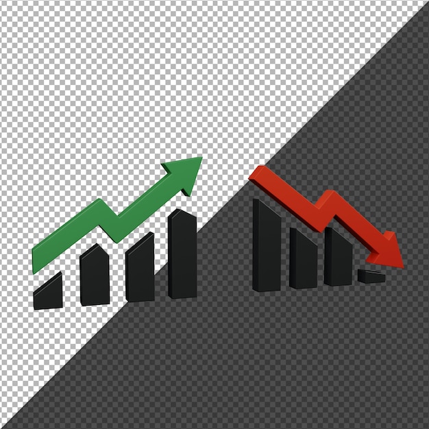 3D-Rendering von Upward Green Arrow und Downward Red Arrow mit Balkendiagrammen auf einem gespaltenen Hintergrund