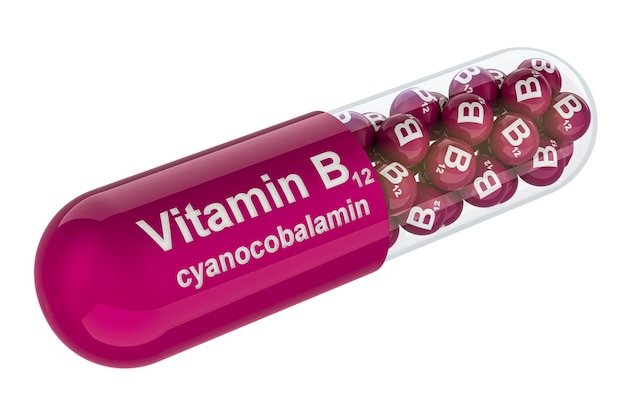 3D-Rendering von Vitamin-B12-Kapseln mit Cyanokobalamin, isoliert auf durchsichtigem Hintergrund