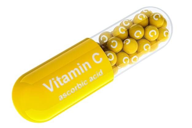 3D-Rendering von Vitamin-C-Kapseln mit Askorbinsäure, isoliert auf durchsichtigem Hintergrund