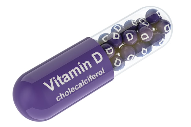 3D-Rendering von Vitamin-D-Kapseln mit Cholecalciferol, isoliert auf durchsichtigem Hintergrund