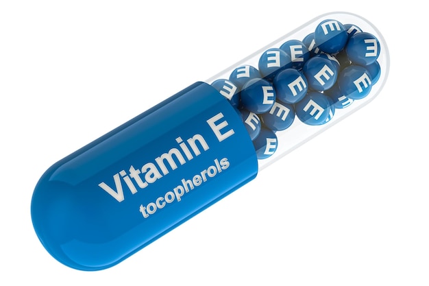 3D-Rendering von Vitamin-E-Kapsel-Tocopherolen, isoliert auf durchsichtigem Hintergrund