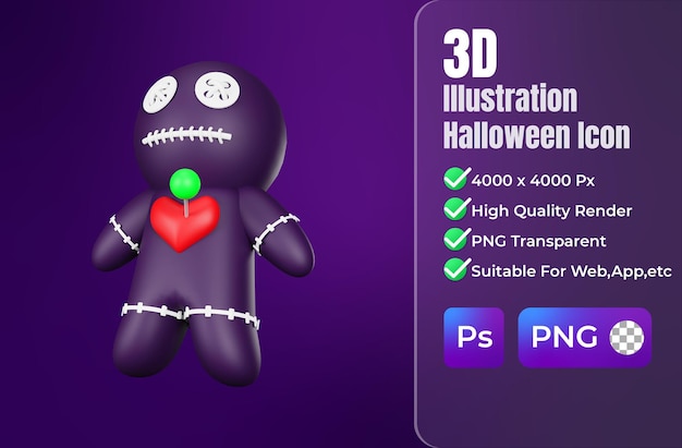 PSD 3d-rendering von voodoo-puppe-halloween-symbol