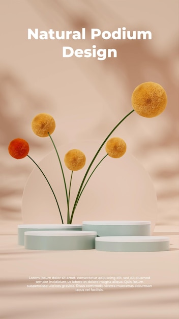 3D-Rendering-Vorlage Produktpodium im Hochformat mit Mimosenblüte und hellbraunem Hintergrund