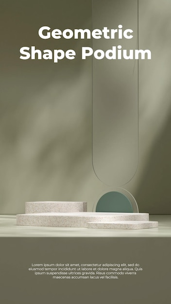 3D-Rendering-Vorlagenmodell des Terrazzo-Textur-Podiums im Hochformat mit fallender grüner Glaswand