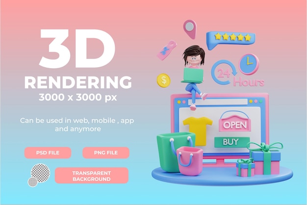 3D-Rendering weiblicher Charakter 24 Stunden geöffnet Illustrationsobjekt