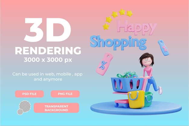3D-Rendering weiblicher Charakter glückliches Einkaufen Illustrationsobjekt
