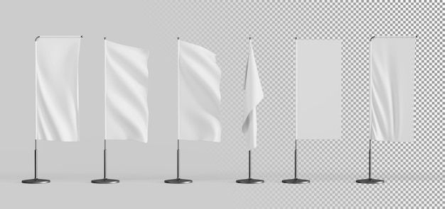 3D-Rendering weißer Wimpel leere Wellenflagge Mockup realistischer Stoffset rechteckige Festival-Event-Banner auf Stange isoliert leeres Etikett für die Markenmarkierung auf Chrom-Säule im Wind fliegen