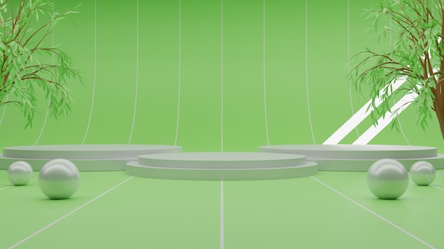 3D-Rendering weißes Podium auf grünem Hintergrund. Premium-Rendering