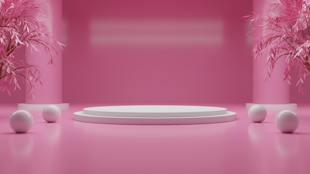 3d-rendering weißes podium auf rosa hintergrund mit baum