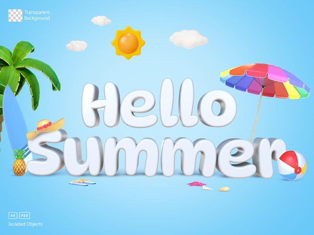 3D Rendering White Hello Summer Word con objetos de verano