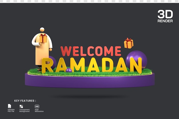 3d-rendering willkommene ramadan-dekoration mit männlicher figur, die geschenkbox auf podiumsillustration hält